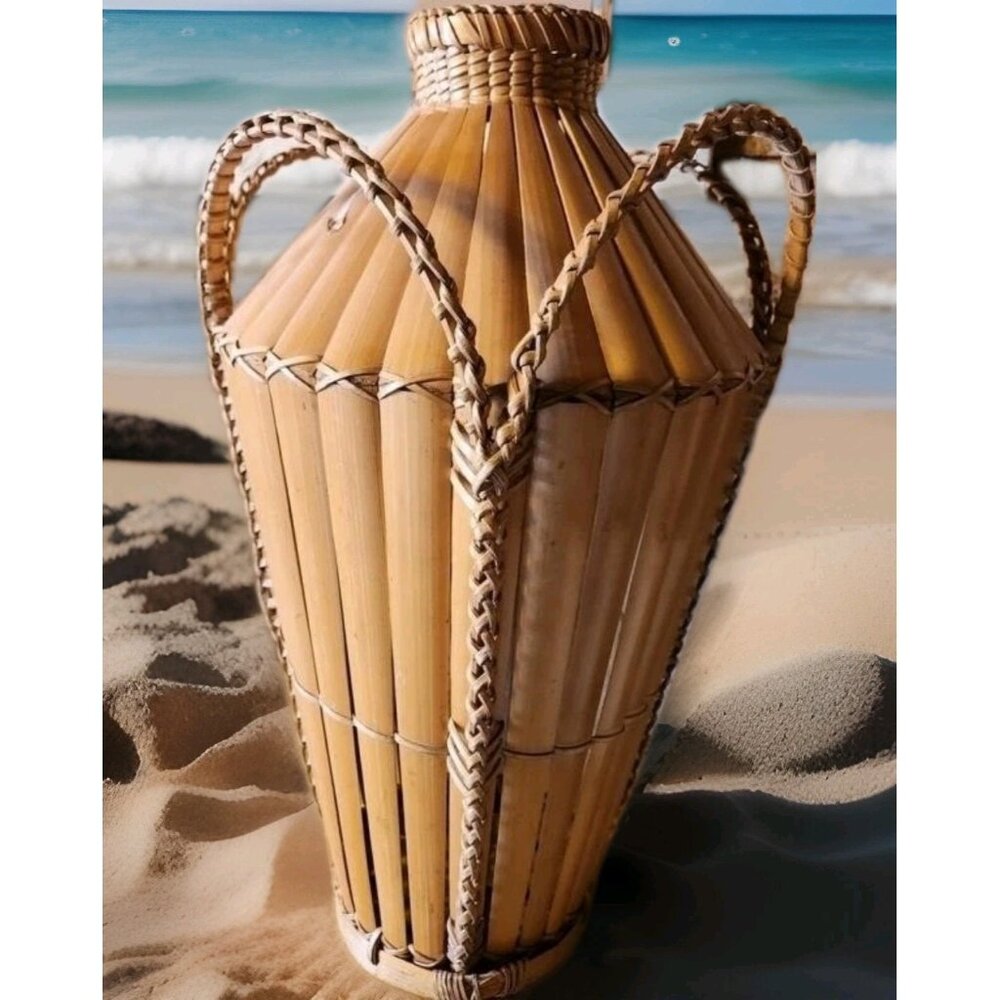 Vintage  20” Japanese Hand Woven Bamboo Wicker Cormorant Fishing Basket Vase